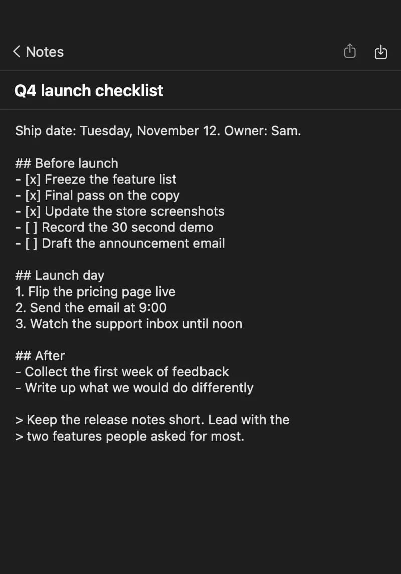 Margin dark Markdown editor panel with a note open
