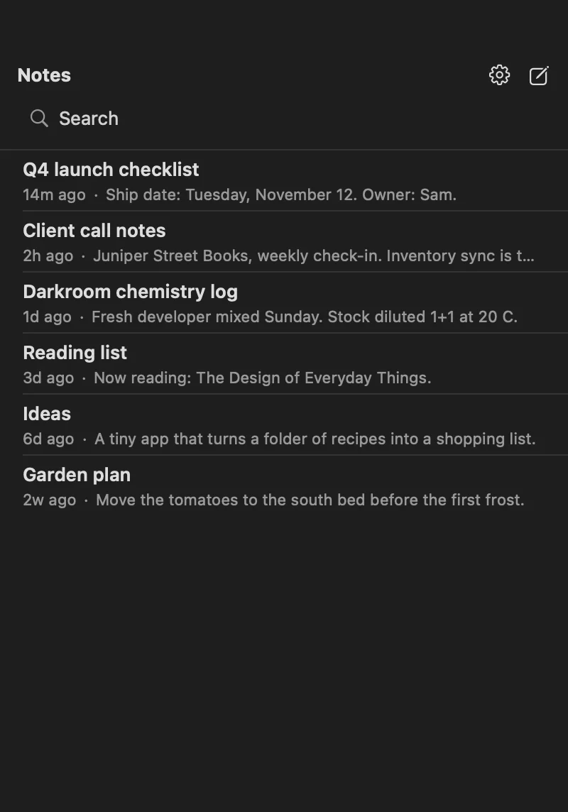 Margin dark note list panel